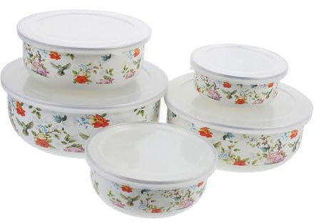 Cabilock Cuencos Esmaltados Multiusos Para Conservar Alimentos Juego De 5 Piezas Tazón Para Fideos Instantáneos Con Tapa Recipiente De Cocina Decorativo Adecuado Para Ensaladas y Sopas