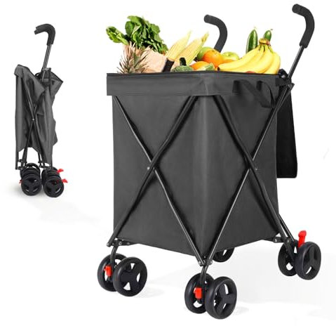 Faltbarer Einkaufstrolley mit 4-Rädern, Trolley Einkaufswagen klappbar & modern groß 56L, 54,4 kg Kapazität, minimalistisch für Haustiere, Outdoor, Camping, Einkaufen, Sport, Garten-Schwarz