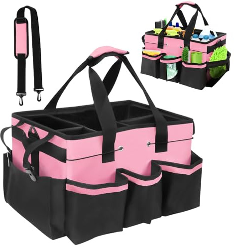 Ruaizel Cleaning Caddy Bag, Cleaning Caddy Bag with Detachable Dividers | Multi-Pocket, Adjustable Shoulder Strap and Waist Belt, for Cleaners & Housekeepers, 40x23.5x27.5 cm (Pink)