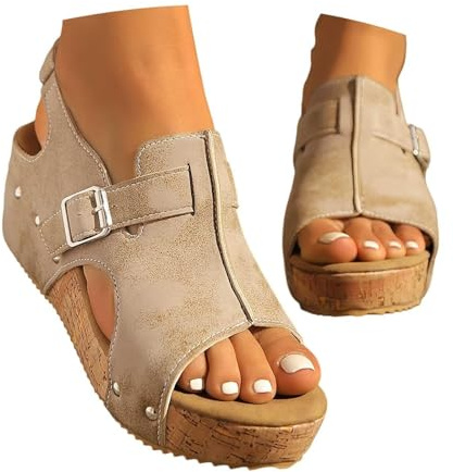 Kvinnors läderplattform kilsandaler, bred bredd läder kilsandaler, ortopedisk sandal med fotvalvstöd, damer öppen tå spänne ankelrem sommarsandal för promenader utomhus, Vitt, 37 EU