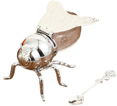 ASIAD Bienen-Honigtopf Kreative Metall-Honigbehälter Mit Schöpflöffel Wunderschönes Goldenes Honigglas In Bienenform Neuartiger Bienen-Honigtopf Dekorative Verzierung,Silber