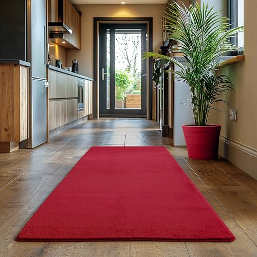 SIMPEX Läufer Teppich Rot 80x150 cm Waschbarer Kurzflor Teppich, rutschfest & weich, modernes einfarbiges Design für Schlafzimmer, Küche & Flur