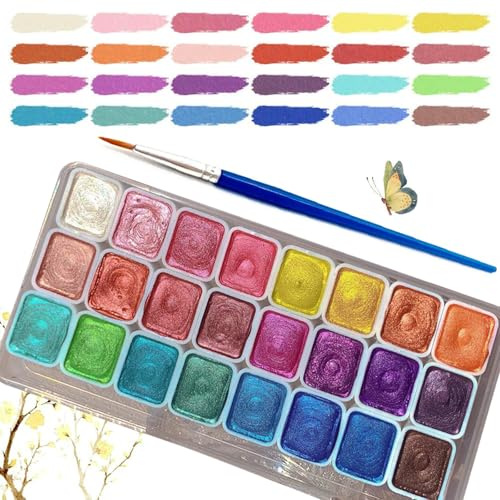 Barlone 24 Farben Metallic Aquarellfarben Set, Glitzerfarbe Watercolor Set, Metallic Wasserfarben, Solid Glitzer Aquarellfarben, Löslich und Mischbar, für Kinder, Anfänger und Profis