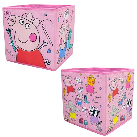 Peppa Pig Officially Licensed Storage Boxes | 2 pack Foldable Storage Cubes Pow Pow Design with Peppa, George and Friends | Perfect For Organising Children's Room, Kids Playroom, 30 x 30cm
