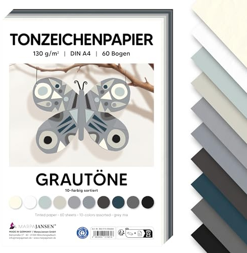 MarpaJansen Tonzeichenpapier Grau DIN A4 zum Basteln & Gestalten | 60 Bogen in 10 Farben, 130 g/qm² stabiles Papier | Blauer Engel zertifiziert, ideal für Karten & DIY Projekte