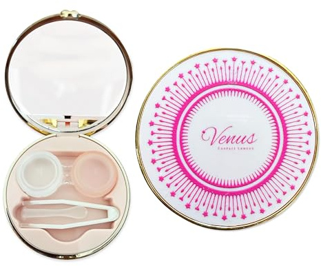 Venus® Kontaktlinsenbehälter Sternenzauber, Contact Lenses case mit Spiegel, Flasche, Pinzette & kontaktlinsen einsetzhilfe – Linsenbehälter für weiche & Harte Linsen (Sternenglanz Pink)