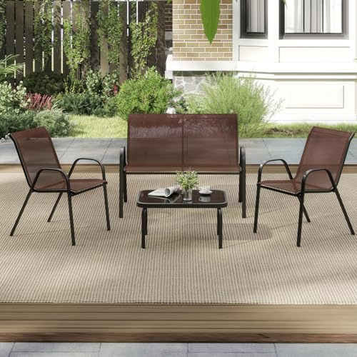 GIANTEX Set med 4 trädgårdsmöbler för utomhus, trädgårdsmöbelset, balkongmöbler, för terrasser, utomhus, med kaffebord och trädgårdsbänk och 2 matbordsstolar, set för 4 personer