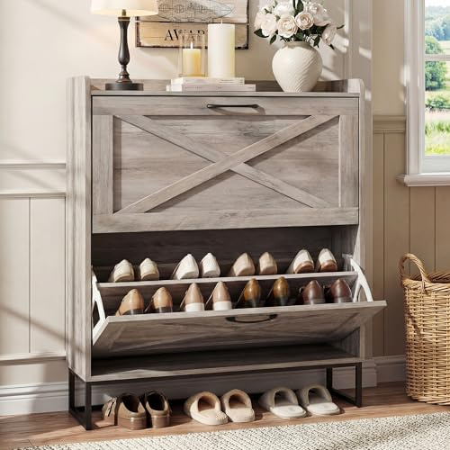BonVache Rustic Shoe Cabinet 80cm Width For Hallway, Grey Cabinet Shoes with 2 Drawer Can Storage 16-20 Pairs of Shoes, Wooden Shoe Rack Cabinet Fold for Entryway Living Room