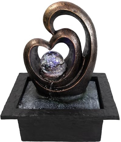 Lemodo Zimmerbrunnen LED mit rotierender Glaskugel, Indoor Brunnen Feng Shui Tischbrunnen, leiser Wasserbrunnen Deko Herzform, Wohnzimmer Büro Meditation entspannend Raumbrunnen 21,5x19x26,5 cm