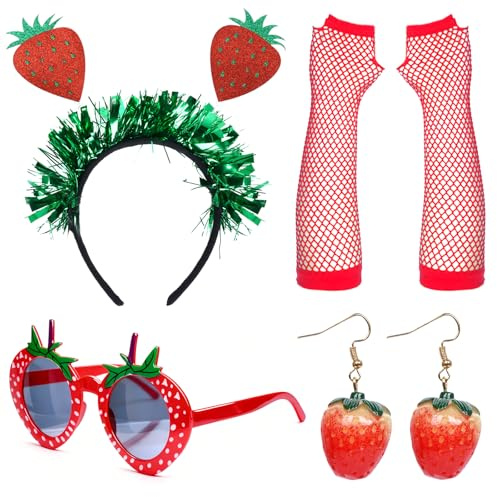 Qwrqwr Disfraz de fresa para mujer, accesorios de frutas, carnaval, fiesta, disfraz y diadema, pendientes y guantes para disfraz de carnaval, juego de rol hawaiano, fiesta