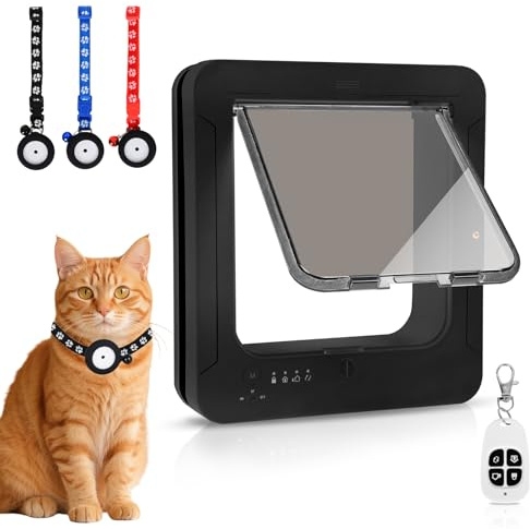 Smart Cat Door for Interior & Exterior, Flap Opening is 7.67’’ (H) by 7'' (W), RFID Cat Pet Door with 3 RFID Collar Sensor Keys & 1 Remote & 4 Way Locking Cat Flap, Automatic Opening Cat Door (Black)