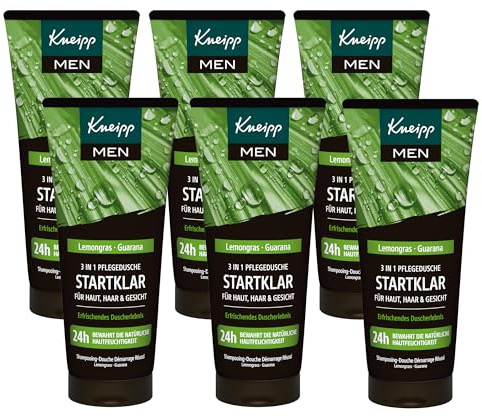 Kneipp MEN 3 i 1 vårdande dusch startklar – för hud, hår och ansikte – med eteriska oljor och extrakt av citrongräs och guarana – multipack 6 x 200 ml