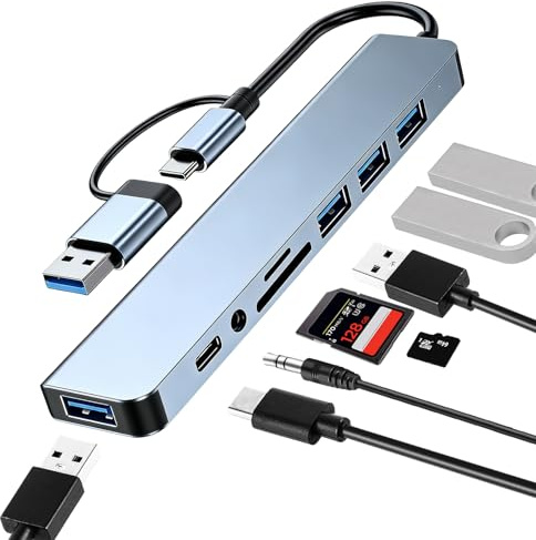8 in 1 USB C Hub, Usb C Hub Multiport Adapter with 4 USB Ports, 3.5mm Headphone Jack, SD/TF Card Reader, USB C Data Port, Usb Hub Compatible with MacBook Laptop PS5/PS4 Flash Drive HP and More