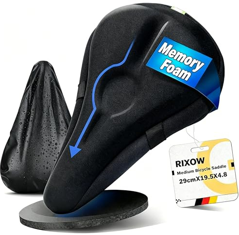 RIXOW Gel Sattelbezug Fahrrad, Fahrradsattel Überzug mit Sattelbezug Wasserdicht, Fahrradsitzkissen aus Bequemem Memory-Foam, Fahrradsitz Polster für Rennradsättel MTB, Sattelschutz für Fahrradsitz