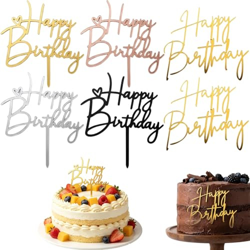 Happy Birthday Cake Topper, Six-Piece Birthday Decorations Set With Four Cake Toppers And Two Side Decorations, Elegant Gold Rose And Metallic Accents, Reusable Birthday Party Supplies