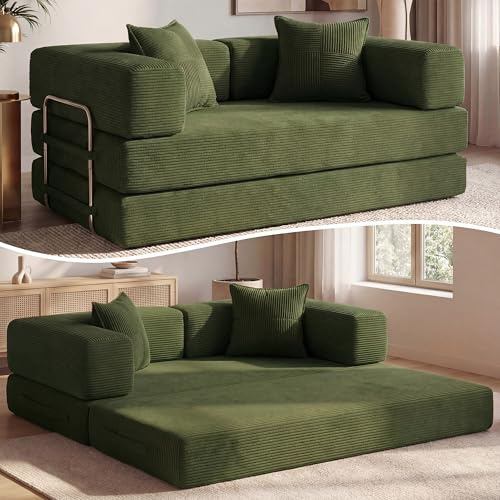 Vipbear Cordstoff Schlafsofa 160×90×70cm, 5-in-1 Umwandelbares Bodensofa aus Kord, Hochdichter Schaumstoff, Haustierfreundlich & Ergonomisch, Keine Montage, Grün