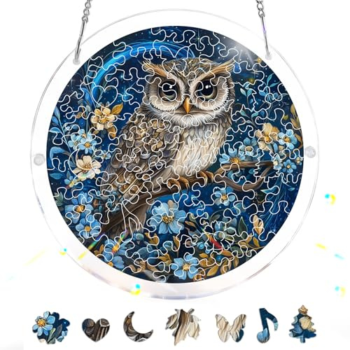 Pavemlo Acryl Sonnenfänger Puzzle 83 Teile, DIY Handwerk Eule Doppelseitige Glasmalerei Fensterkunst mit Kette, Achtsames Geschenk für Mutter, Heimdeko 18 cm F032