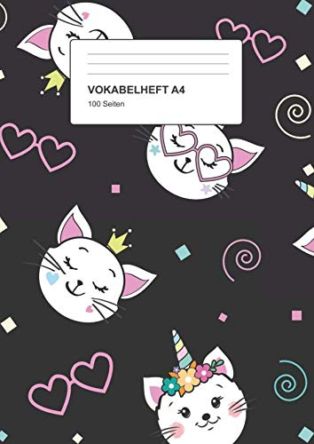 Vokabelheft A4: 2 Spalten, 100 Seiten, Vokabeln lernen leicht gemacht, Soft Cover, Motiv: Caticorn