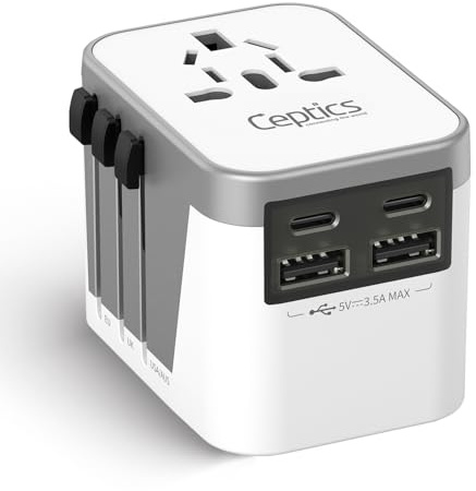 Ceptics Universal Travel Adapter Plug with Dual USB-A and C Ports – Worldwide Power Adapter for Europe, UK, China, UAE, Australia – Charge Phones, Smartwatches & Tablets – Type A, C, G, I