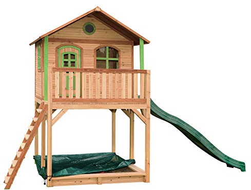 AXI Spielhaus Andy mit Sandkasten & grüner Rutsche | Stelzenhaus in Braun & Grün aus FSC Holz für Kinder | Spielturm für den Garten