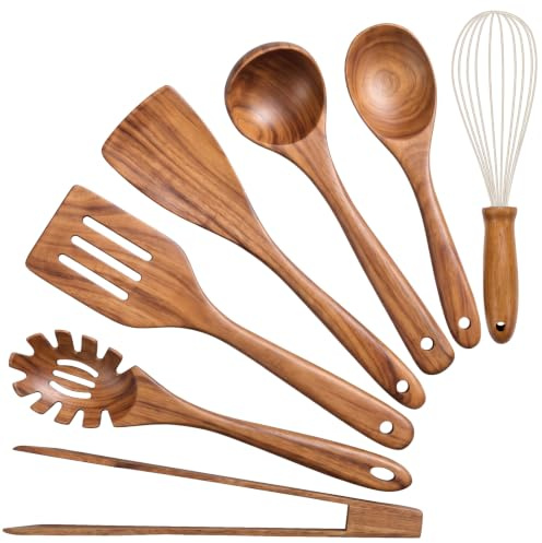 Holzküchenutensilien zum Kochen, Teakholz Kochbesteck Set, Holz Kochlöffel, Pfannenwender antihaft für Kochgeschirr – 7er Set