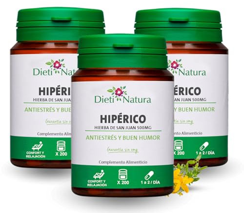 Dieti Natura Hipérico 200 Cápsulas (Pack 3) - Hierba de San Juan con Flavonoides y Hiperforina - Recupera el Equilibrio Emocional y la Relajación - Antiestrés y Buen Humor - Sin OGM