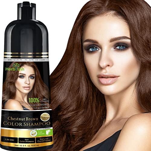 Herbishh Hair Color Shampoo – 3-in-1 Dark Brown Dye for Gray Hair – Ammonia-Free Long-Lasting Color – 500ml – Colors Hair in Minutes (Chestnut Brown)