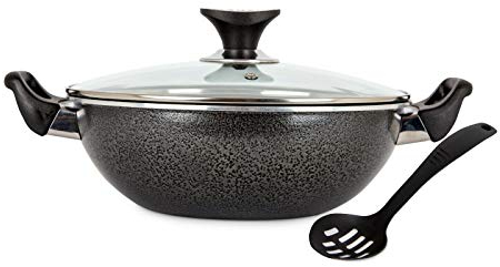 32cm Black Non Stick Cooking Aluminium Wok Deep Frying Pan Dual Handle Glass Lid with Ladle - Induction Compatible