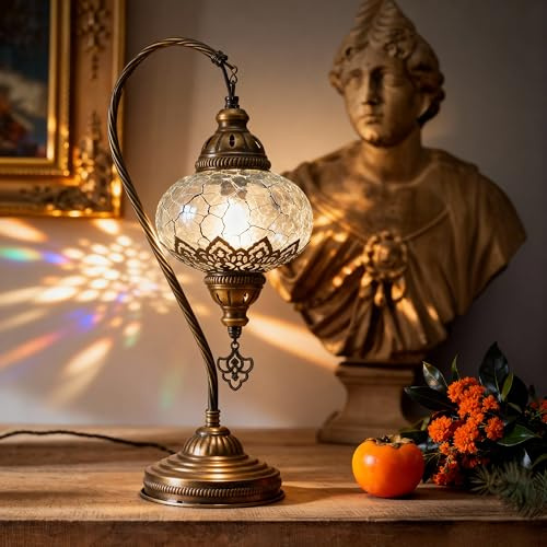 Mozaist Turkish Lamp, Swan Neck Mosaic Table Lamp, Moroccan Decorative Glass Antique Bohemian Vintage Lamp Shade, Tiffany Desk Bedside Stained Glass Lamp with US Plug and E12 Socket