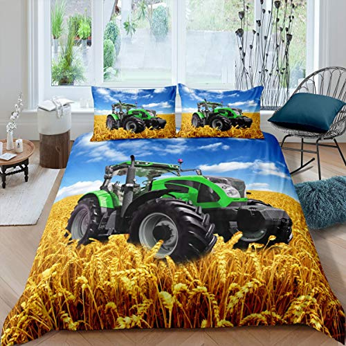 Loussiesd Traktor Bettwäsche Set Kinder 135x200cm Bettwäsche Jungs Teenager Weizenfeld Mähdrescher drucken Bettbezug Set Blau Grün Gold 100% Mikrofaser Betten Set Bauernhöfe Traktor Bettwäsche Jungs