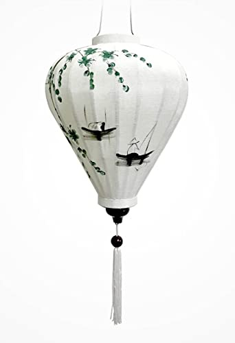 Asiatische Laterne aus Weißem Leinenstoff M - Durchmesser Ø33cm - Handbemalte Laterne mit Motiv Fischer und Pflaumenblüte - Dekoration und Kunsthandwerk aus Vietnam (M25-CAUCA)