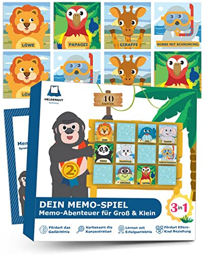 HELDENGUT 3in1 Memo Spiel ab 2 Jahre - Pädagogisches Gedächtnisspiel mit Zootieren & Vorlesegeschichte für Kinder