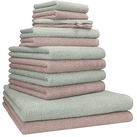 Betz Berlin Handtuch-Set 12-teilig – 100% Baumwolle – Oeko-TEX® Zertifiziert – 360g / m² Grammatur – Duschtücher, Handtücher, Gästetücher & Waschhandschuhe Farbe Jade - Cappuccino