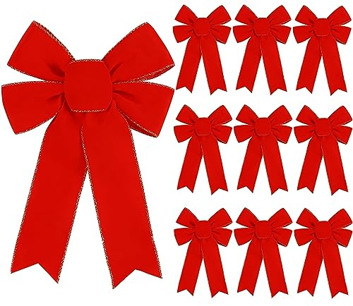 Hongsome 10 Pack Red Bows Christmas Tree Decorations,9”x13”Large Velvet Ornament Bow with Glitter Gold Edge for Xmas Home Wreath Fence Stairs Railing Fireplace Indoor Outdoor Front Door Decor