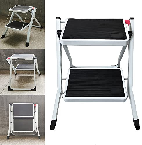 2 Step Ladder Folding Step Stool for Kitchen Caravan Home and Office, Compact Portable Steel Stepladder, Wide Pedal, Anti-Slip Feet, Multi-Use Ladder