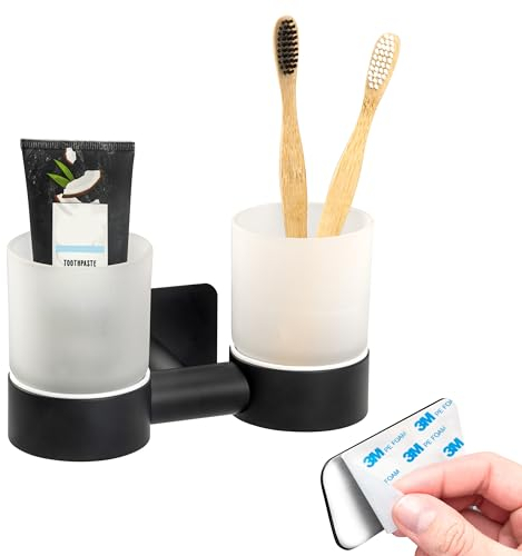 bremermann Bad-Serie Piazza Black Tape - Doppel-Glasbecherhalter ohne Bohren, mit Klebepad - selbstklebend - Becherhalter, Zahnbürstenhalter, aus Glas und Edelstahl, matt schwarz