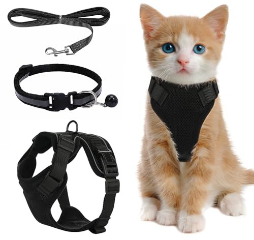 PEAKTOP Schwarz Kitten Geschirr Verstellbar Weich Katzen Geschirrset Katzengeschirr Kitten mit Reflektierenden Streifen Katzenleine mit Geschirr Katzen Katzengeschirr Klein Mittel Kitten (XS)