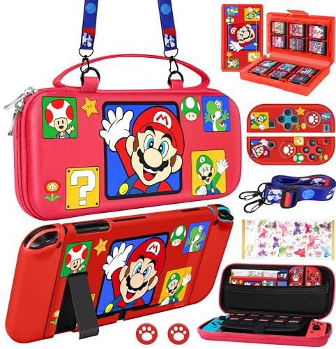 Koecya for Nintendo Switch 9 in 1 Storage Accessories Kit with Travel Carrying Case+Switch Protective Cover+Game Case Holder+Strap+Sticker+2 Shells+2 Thumb Caps Cute for Boys Kids Girls -Red