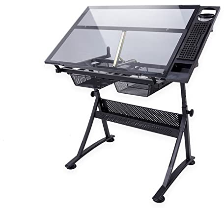 Aioneer Verstellbarer Zeichentisch, um 80° neigbare Zeichentischplatte mit gehärtetem Glas, Zeichentisch, Künstlerschreibtisch mit 2 Schubladen, Kunsttisch für Erwachsene, Zuhause, Schule, Studio