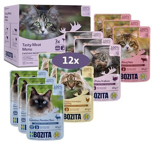 Bozita Bitar i sås med kött multibox 12 x 85 g påse – våt mat för katter i en portionspåse