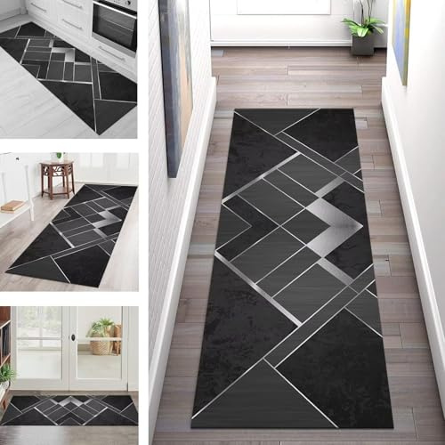 Teppich Läufer Lang Küche Flur Teppichläufer Rutschfest Waschbar Küchenläufer Teppichmatten Schwarz Grau Schmutzfangmatte 50X150CM Meterware Flurteppich Wohnzimmer Schlafzimmer Küchenteppich