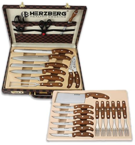 Herzberg, HGK25LB, Juego de 25 Piezas de Cuchillos y Cubiertos con maletín de Transporte, Hojas continuas, Mangos de Nogal sólido, maletín de Lujo, ergonómico, Elegante