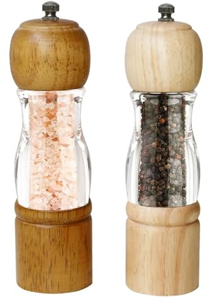 ManGotree Pepper Mill & Salt Grinder Set | Natural Solidwood with Acrylic Visible Window | Adjustable Coarseness – Perfect for Gourmet Cooking, 8 Inch, 2 Pack (Natural and Walnut)