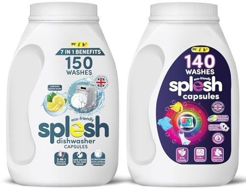 Splesh Cleaning Bundle 3-in-1 Eco-Friendly Ultimate Freshness Dishwasher Tablets, Lemon Scent 150 Capsules and Xtra Stain Removal Laundry Capsules, 140 Washes