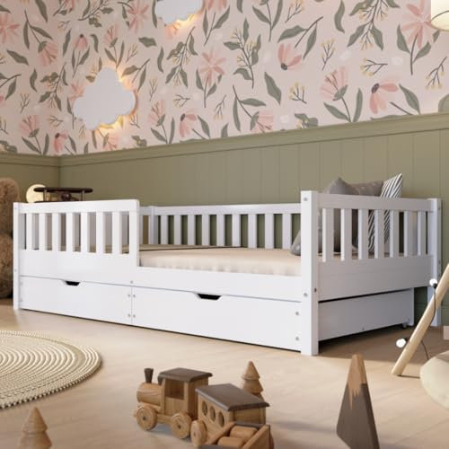 Crazy Pine Cama Montessori 190x90 cm - Cama Infantil Fácil de Montar - Camas Infantiles Segura niños y niñas - con Protección contra Caídas - Blanco con Cajones