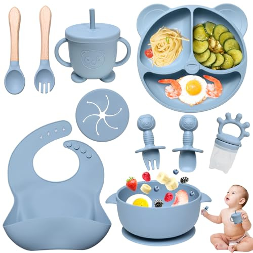 Dazhtu 10 Pièces Coffret Repas Bebe Silicone, Assiette bebe Set Vaisselle Assiette ventouse pour bébé, Bavoir Silicone Bebe, fourchettes, Enfant Set Couverts Vaisselle Pour Sevrage Manger (Bleu)