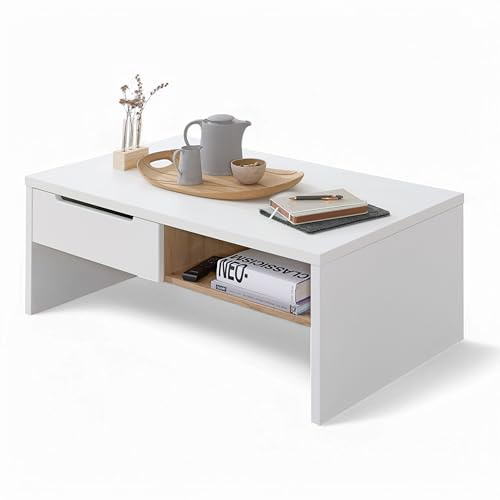 MEMPHIS Couchtisch in Weiß und Artisan Eiche Optik, 110 x 40 x 65 cm | Moderner Sofatisch für das Wohnzimmer mit zwei Schubladen, praktischer Ablage und viel Stauraum