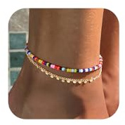 TINGN Bunte Perlen Fußkettchen für Frauen - Vergoldete Pailletten Kette Fußkette Sommer Strand Layered Fußkettchen Gold Boho Fussketten Set Accessoires für Frauen Teenager Mädchen Schmuck Geschenke
