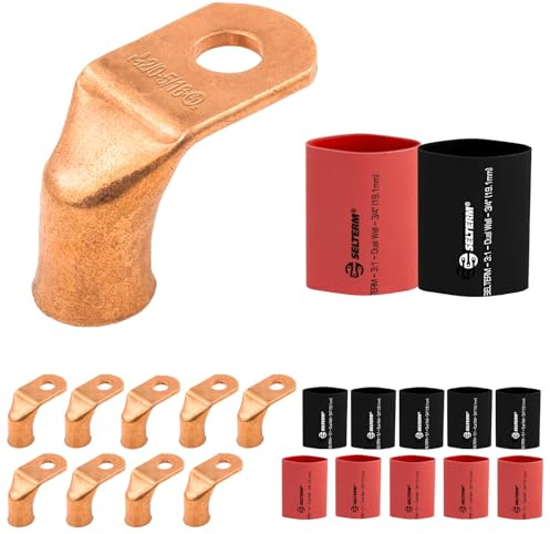 SELTERM 10pcs - 2/0 AWG 5/16 Stud 90° Bent Battery Lugs - Ring Terminal Connectors with 12pcs 3:1 Black & Red 3/4 Heat Shrink Tubing - Heavy Duty Battery Cable Ends - Bare Copper Wire Connectors Kit