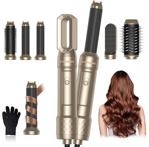 Haartrockner Hair Styler set 6 in 1 mit Föhn, Luftstrom Rundbürsten Föhnbürste, Auto Lockenstab,Glättbürste,ohne thermische Schäden,All in One Airstyler, für Haar Volumen,Trocknen,Glätten,Curling,Gold